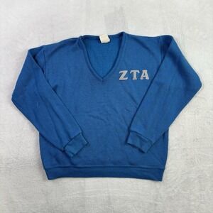 VTG Bassett Walker ZTA Zeta Tau Sorority  Blue LS V-Neck Sweater Women's Medium